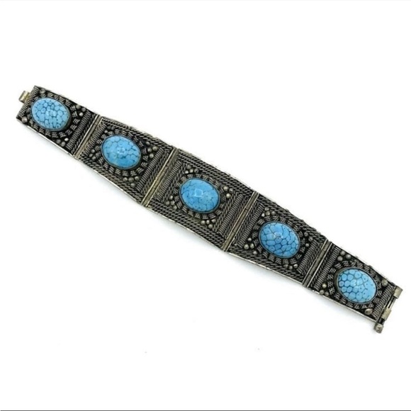 Antique Silver 925 and Blue Stone Cannetille Panel Bracelet c.1830s Cuff - Picture 6 of 14